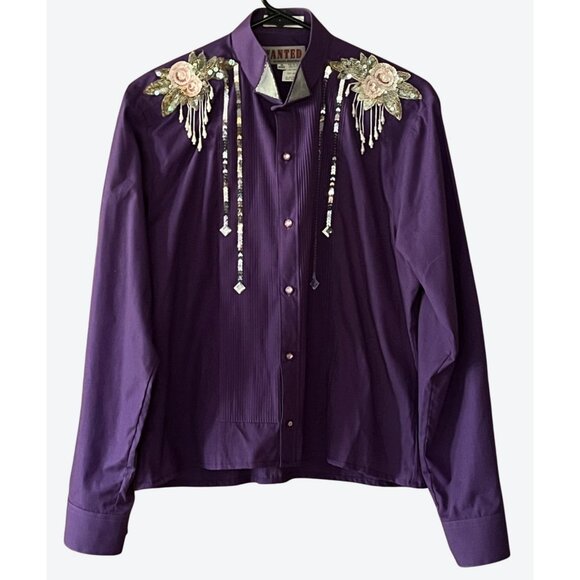 Wanted By Beads Beautiful Vintage Medium Purple Silver Pink Floral Sequin Shirt - Picture 1 of 8